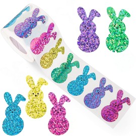 500 Pcs 1.5 Inches Easter Bunny Stickers for Kids and Adults, 5 Colors Glitter Laser Cartoon Rabbit Stickers Roll Self-Adhesive Labels for Easter Crafts, Party Favors, Scrapbooking, Spring Decorations