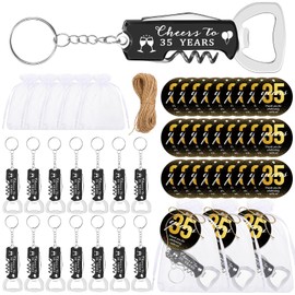 Jingmore 30 Set 35th Birthday Party Favors for Guests Bottle Opener Keychains Bulk Thank You Cards with Organza Gift Bags for Birthday Anniversary Souvenirs, Cheers to 35 Years