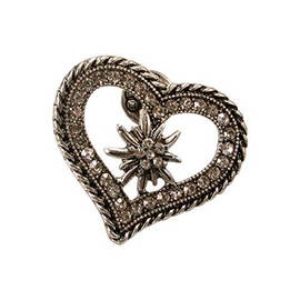 Alpenflüstern Lapel Pin Rhinestone Edelweiss Heart Antique Silver Colours API112, Metal
