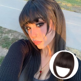Fanguilar Clip in Bangs, Medium Brown Fake Bangs Hair Clip French Bangs Hair Clip on Bangs For Women Clip Faux Bangs Fringe With Temples Hairpieces Curved Fake Bangs For Daily Wear
