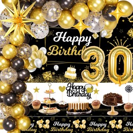 Miidenks 30th Birthday Decorations for Him, 30 Birthday Decorations Include Black and Gold Backdrop Banner, Tablecloth, Gold 30 Number Balloons, Explosion Star Balloons