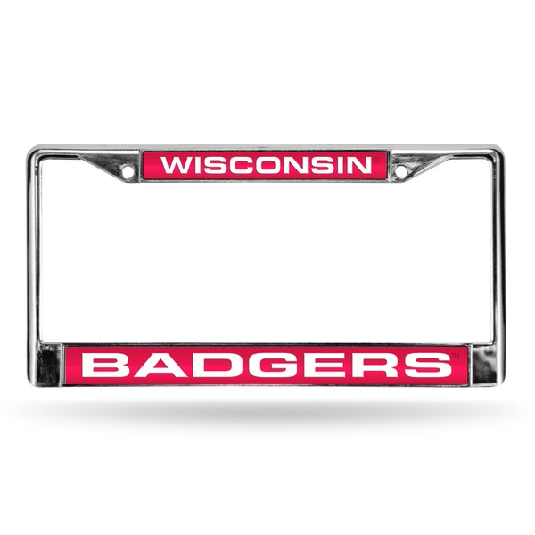 Rico Industries NCAA Wisconsin Badgers Laser Cut Inlaid Standard Chrome License Plate Frame, 6 x 12.25-"