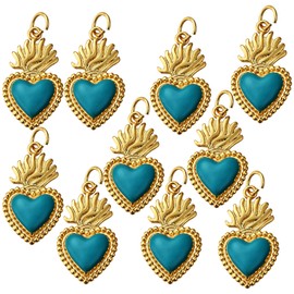 BEEFLYING 10Pcs Blue Sacred Heart Enamel Charms Mexican Milagros Heart Pendant Gold Plated Metal Pendants with Brass Findings for Jewelry Bracelet Making Craft Supplies