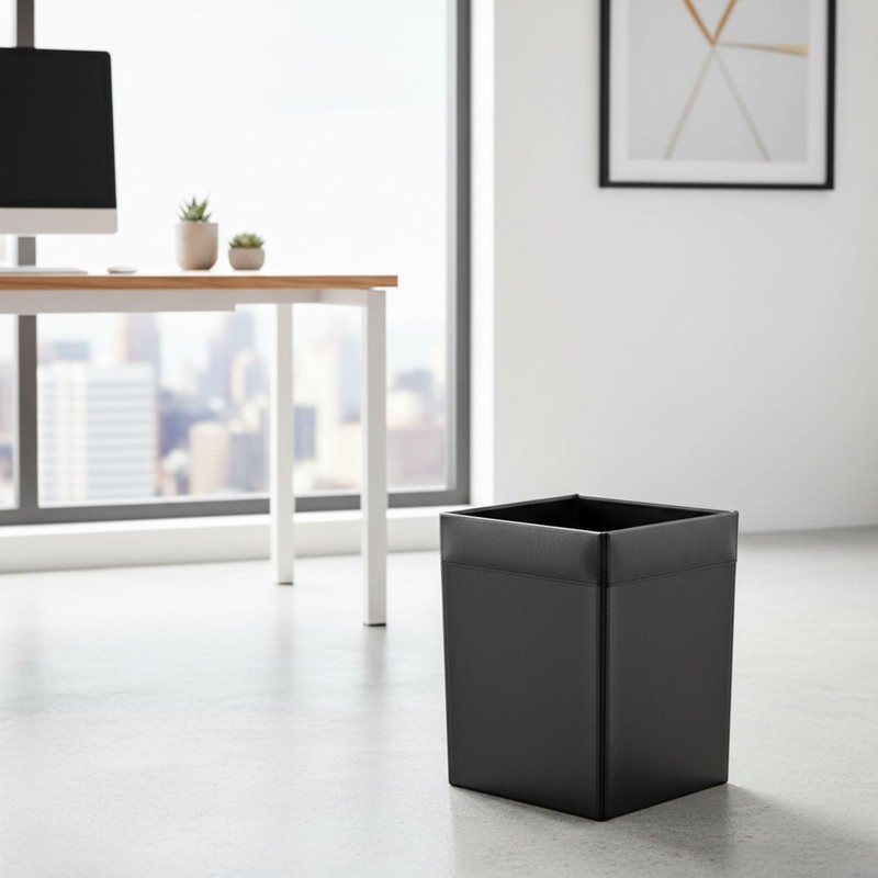Classic Black Leather Square Waste Basket