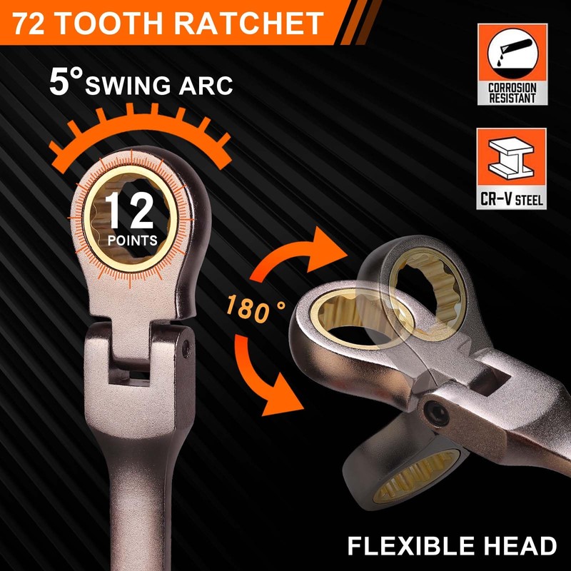 Qnkaa Flexible Ratcheting Wrench Set 12pcs Metric 8-19mm Flex-Head Spanner