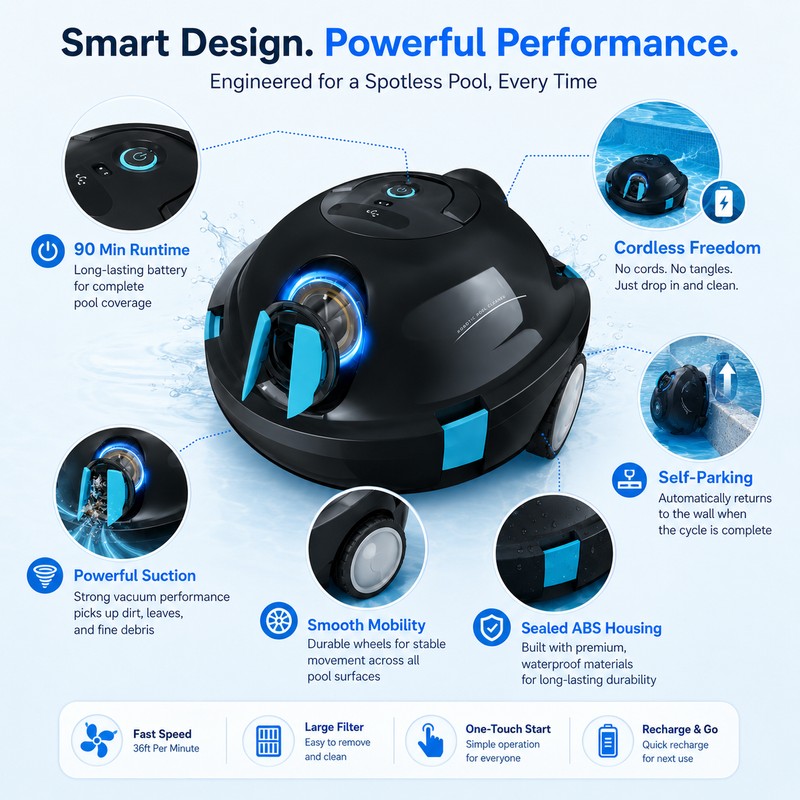 Cordless Robotic Pool Cleaner for Home Pools – 90-Minute Self-Parking