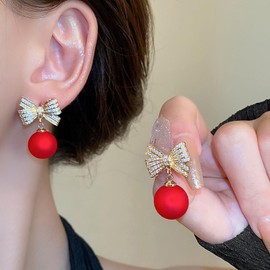 Pearl Bow Earrings for Women Rhinestone Bow Ribbon Earrings Red Ball Pearl Bow Stud Earrings Pearl Dangle Drop Earrings Christmas Gifts for Women