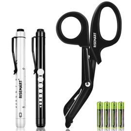 Trauma Shears & Pen light for nurses - 7.5" Fluoride Coated Medical scissors and LED Penlight for Nurse, Doctor, First Aid, EMT, EMS, Nursing (Black Bandage Scissor + White & Black Pen lights)