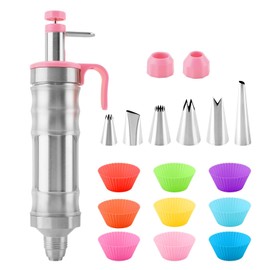 ​​18 Pcs Frosting Piping Kit, 304 Stainless Steel Dessert Decorating Syring Set with 6 Piping Tips, 2 Connectors and 9 Silicone Cupcake Molds, DIY Baking Tools for Cookies, Pastry(COLOR:Pink)