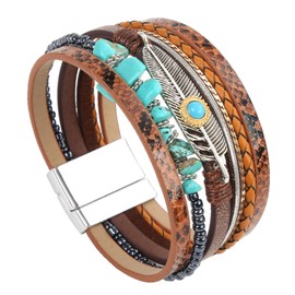 Fesciory Leopard Bracelet for Women, Boho Leather Wrap Multi-Layer Pearl Crystal Bracelet Bangle Jewelry (Feather(Brown))