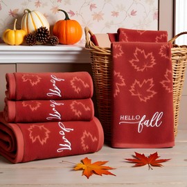Juego de 2 toallas de mano de Hello Fall para baño, algodón jacquard bordado, hojas de arce de otoño, terracota óxido, toallas de baño de cocina, juego de regalo decorativo para día festivo
