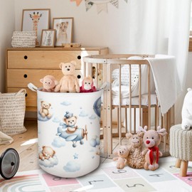 HKTZM Baby Nursery Laundry Basket, Toybox for Boys Girls Room, Cute Blue Bear Laundry Basket Hamper Waterproof Collapsible Clothes Toys Storage Bin Organizer for Kids Room Playroom Bedroom Bathroom