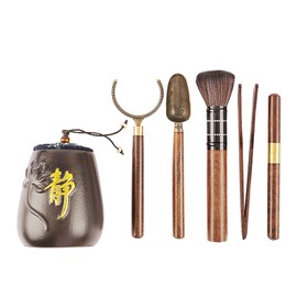 Tea Utensils Set of 6 Tea Utensils Made of Dan Wood and Copper (Tea Spoon, Tea Needle, Tea Sandwich, Cup Fork, Tea Brush, Tea Leaf Museum), Home Tea Supplies (Tea Ceremony Rokkunji - Ebony Brush Type)