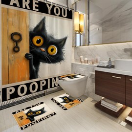 FADALO 4PCS Black Cat Shower Curtain Sets,Orange are You Pooping Sign Cat Bathroom Sets with Non-Slip Rugs,Toilet Lid Cover,Bath Mat,Shower Curtain with 12 Hooks Funny Aniaml Bathroom Sets Decor