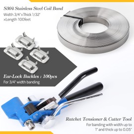 Steel Strapping Banding Coil Kit - Packaging Banding Tool - Tensioner&Cutter, 3/4" * 100Ft S304 Banding Coil, 100pcs Steel Buckles, Full Strapping Solution for High Tensile Heavy Duty Packaging
