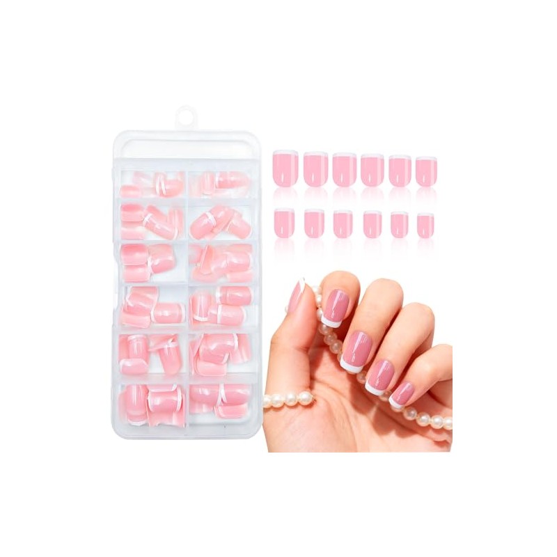 120 Uñas Postizas Francesas Cuadradas, Rosa Nude, 12 Tamaños
