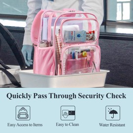 PACKISM Pink Clear Backpack for School - 17 inch Large Heavy Duty Clear Bookbag for Girls, See Through PVC Transparent Backpacks with 2 Front Pockets for College Work, Pink (for age 12 above)