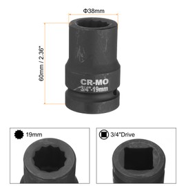 sourcing map 3/4-Inch Drive 12 Point Impact Socket 19mm Metric Spindle Axle Nut Socket Driver Wrench for Auto Repair Easy Removal