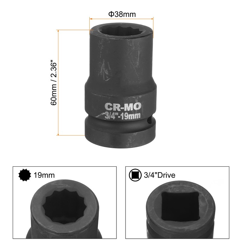 sourcing map 3/4-Inch Drive 12 Point Impact Socket 19mm Metric