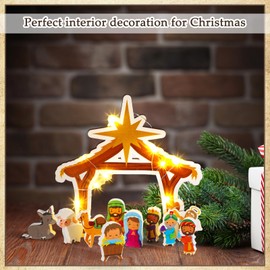Soaoo 12 Pcs Christmas Nativity Scene Set with LED Wood Small Religious Jesus Birth Table Signs Wooden Christmas Story Manger Scene People Play Nativity for Kids Ornament Figurines for Home Mantel