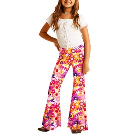 Girl's 70s 80s Disco Costume Flare Pants Pink Floral Skinny Bell Bottom High Waist Dance Pants 3-4 Years