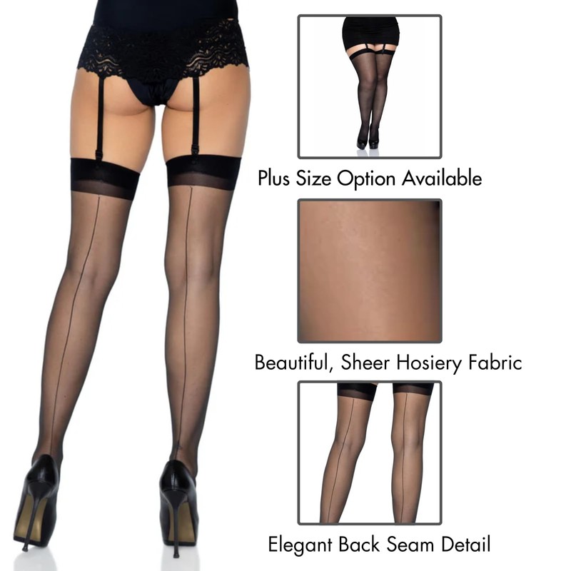 Leg Avenue Plus Size Black Sheer Stockings with Backseam