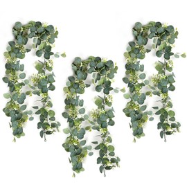Pack of 3 Eucalyptus Garlands, 1.8 m Artificial Garlands, Eucalyptus, Artificial Plant Garland, Green with White Flowers for Wedding, Home Decoration