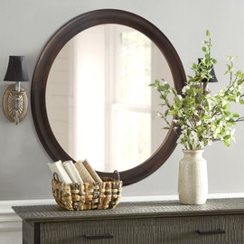 CULER Round Wall Mirrors 30 Inch,Wood Rustic Decorative Transitional Mirror with Walnut Frame for Wall,Farmhouse Hanging Vanity Mirror for Bathroom Bedroom Living Room or Entryway (Walnut Brown)
