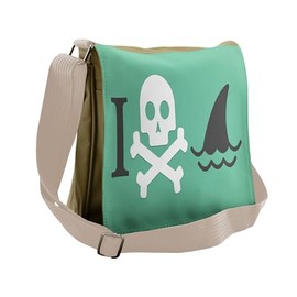 Ambesonne Green Messenger Bag, Skull Shark Marine Words, Unisex Cross-body