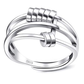 LNIEER 925 Sterling Silver Anti Anxiety Ring for Women Men Anxiety Relief Ring with Beads Spinning Rings for Anxiety Fidget Spinner Anxiety Ring Adjustable Minimalist Rings (Silver-B)