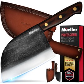Mueller Outstanding Ancient Forged Serbian Meat Cleaver Knife 6.7” Full Tang, High-Carbon Steel Chef Knife, Pakkawood Handle, Kitchen Knives, Set with Leather Sheath, Butcher