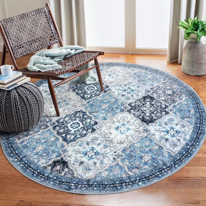 KILOCOCO Moroccan Super Soft Round Rug 5Ft, Blue/Multi Washable Kitchen