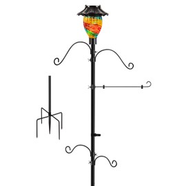 LUJII Solar Shepherds Hooks for Outside, Bird Feeder Pole with 4 Adjustable Hangers and 1 Flag Holder, Garden Stand for Hummingbird Feeders, Wind Chimes, Plant Baskets, Lanterns (Ribbon)