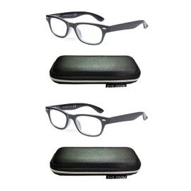 EYE ZOOM 2 Pack Unisex Blue Light Horn Rimmed Reading Glasses with Case, Black, +1.25