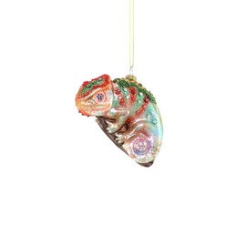 The Bridge Collection Colorful Chameleon Christmas Ornament - Rainforest Animal with Beaded Moss & Faux Gems Glass Christmas Ornament