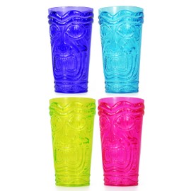 Black Duck Brand Set of 4 Party Tiki Cups! BPA Free 16 Ounce Tumbler Drinkware Set Luau Shape! 4 Bright Colors! Tiki Mugs! Reusable Plastic Party Cups!