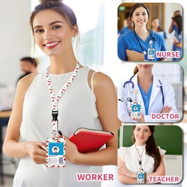 ID Badge Holder with Lanyard Fashionable ID Card Holders with Retractable Lanyards Soft Fiber Metal Clip Sturdy Buckle for Key Wallet Work Nurse Teacher (Retro Cherry with Bow)
