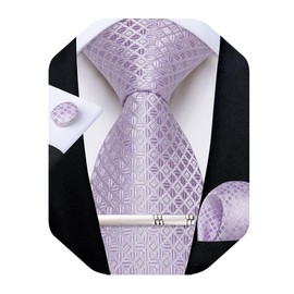 DiBanGu Silk Ties for Men Formal Plaid Check Necktie and Pocket Square Cufflinks Tie Clip Set Wedding Necktie with Gift Box, Lilac Plaid, One Size