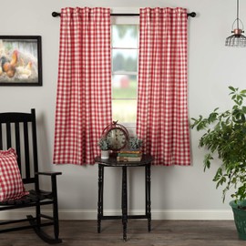 VHC Brands Annie Buffalo Check Cotton Farmhouse Curtains Rod Pocket Tie Back(s) Panel Pair, 63x36, Red