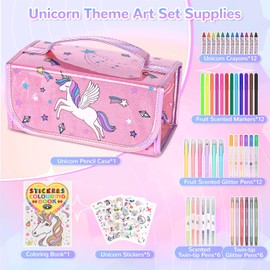 nasominako 54 PCS Washable Scented Markers Set for Kids, Unicorn Colouring Set for Kids Ages 4-8, Art Supplies for Girls 4-8 Year Old, Unicorn Pencil Case, Christmas Birthday Gift