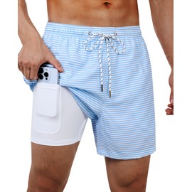 Gleeease Swim Trunks Mens 5 Inch Inseam Compression Liner Short Men Bathing Suit Lined Swimming Shorts Men's Swim Suits