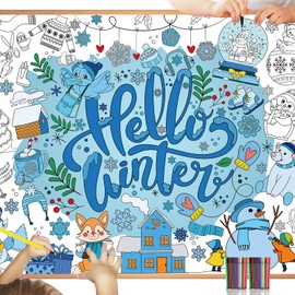 HOWAF Winter Snowflake Giant Coloring Poster with 24 (12 Colors) Paint Pens, Hello Winter Scenes Large Coloring Tablecloth Snowflake Huge Table Cover for Kids Classroom Home Holiday Party Favor