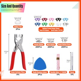 Tanstic 807Pcs(200 Sets) Snaps Buttons with Fastener Pliers Press Tool Kit, 9.5mm 10 Colors Hollow Metal Snap Fasteners with Fastener Pliers, Punch, Soft Ruler, Sewing Chalk for Sewing Crafting