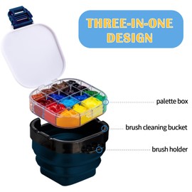 Falling in Art Paint Palette, Airtight 16 Wells Storage Palette Box with Lid and Folding Paint Brush Basin for Watercolor, Gouache and Acrylic Painting (Blue)