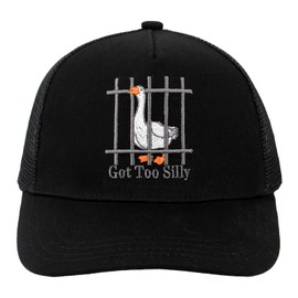 Embroidered Got Too Silly 3D Design Funny Goose Pun Humor Trucker Hat for Animal Lovers Funny Silly Goose Club Mesh Back Golfing Hat Black