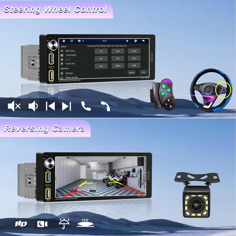 6.9" Single DIN Car Stereo Radio with Wireless Apple CarPlay,