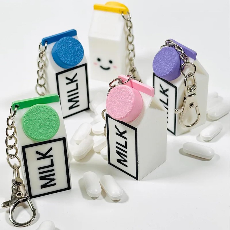 3D Lactose Intolerance Pill Box Milk Carton Shape Keychain Portable