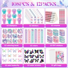 BenLouis 108Pcs Butterfly Party Favors Butterfly Fairy School Stationery Set Bulk for Kids Spring Flower Tea Birthday Birthday Goodie Bag Stuffers Classroom Gifts Rewards Pinata Filler