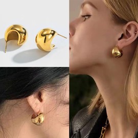 Chunky Gold Hoop Earrings for Women, 18K Thick Gold Hoop Earrings for Girls│Chunky Teardrop Ball Gold Hoops│Lightweight Gold Plated Waterdrop Hollow Moon Open Hoops Earrings Jewellery