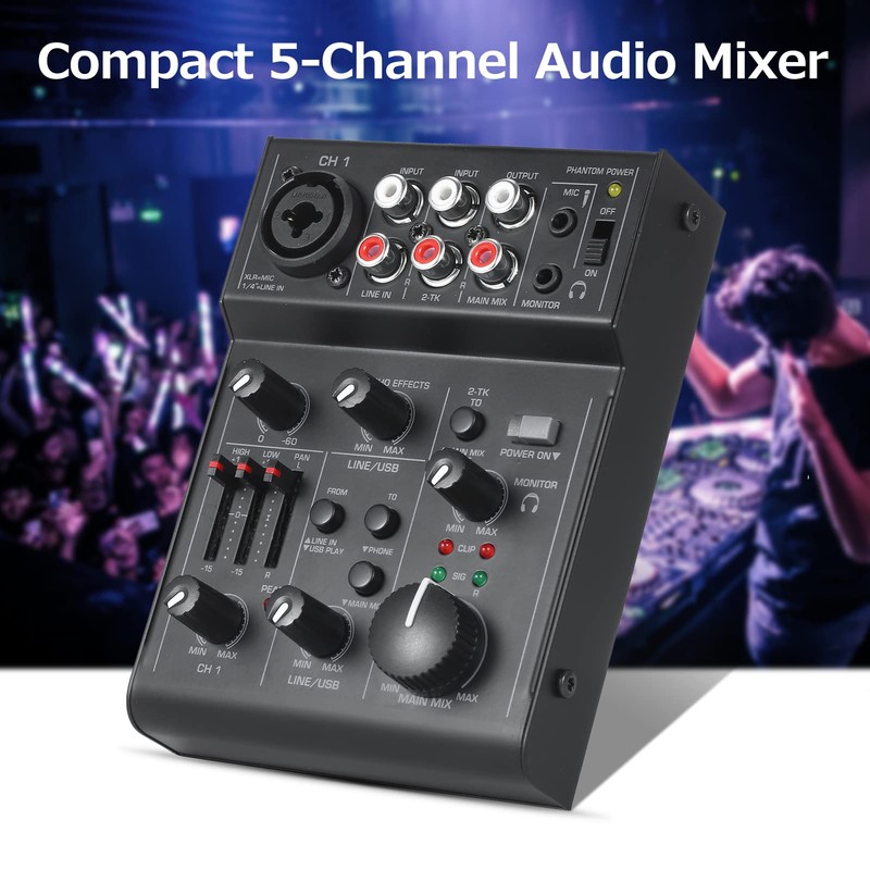 RUSUO Audio Mixer, 5 Channel Compact Audio Mixer Sound Mixing